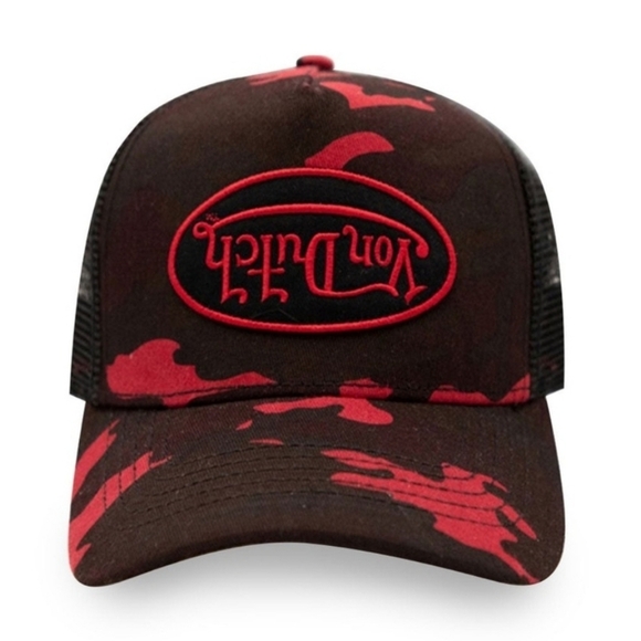 ❤️?️Von Dutch?️  Black and Red Camo Upside Down Logo Trucker Unisex Hat main image 4